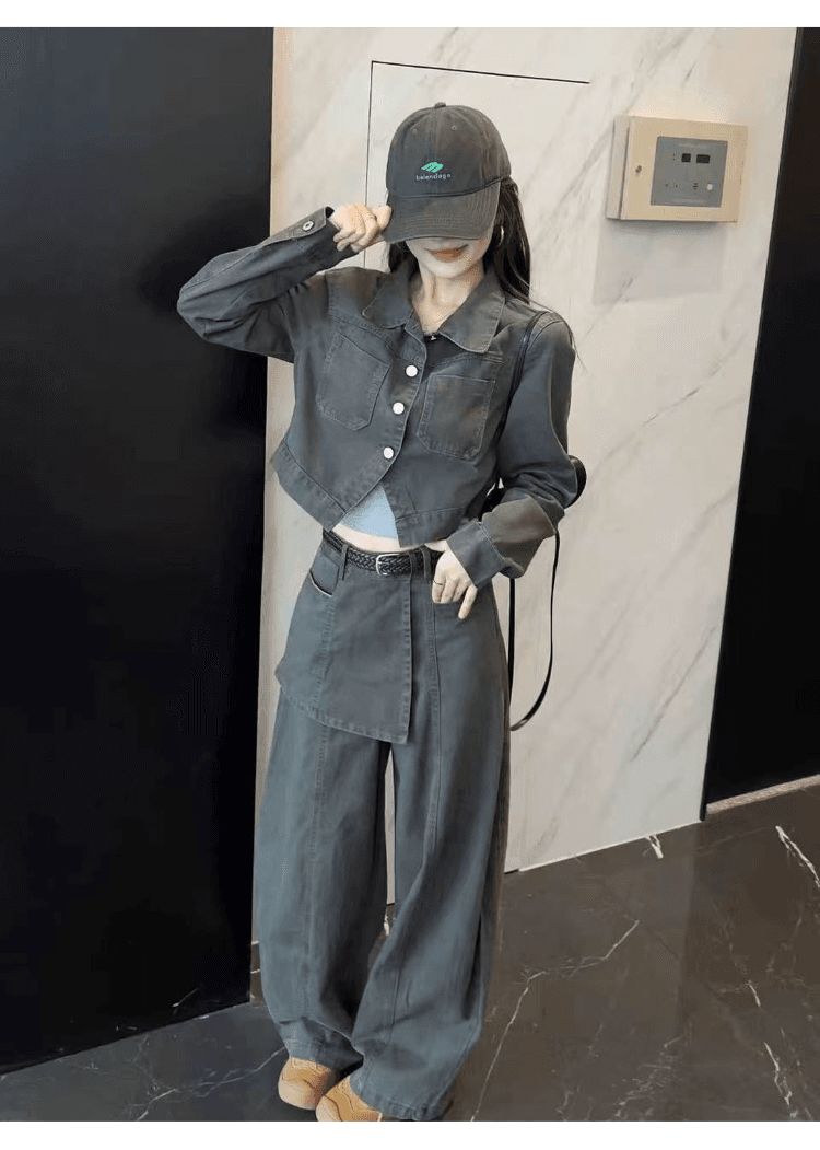 실사 정가 한국 스타일 레트로 캐주얼 세트 여성 느슨함 센스 슬림해 보이는 워크웨어 재킷 하이웨이스트 와이드 레그 팬츠 투피스 세트 상세 이미지 9