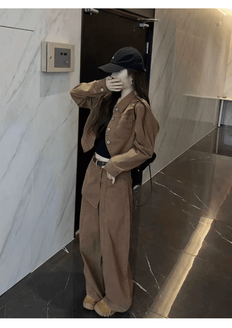 실사 정가 한국 스타일 레트로 캐주얼 세트 여성 느슨함 센스 슬림해 보이는 워크웨어 재킷 하이웨이스트 와이드 레그 팬츠 투피스 세트 상세 이미지 11