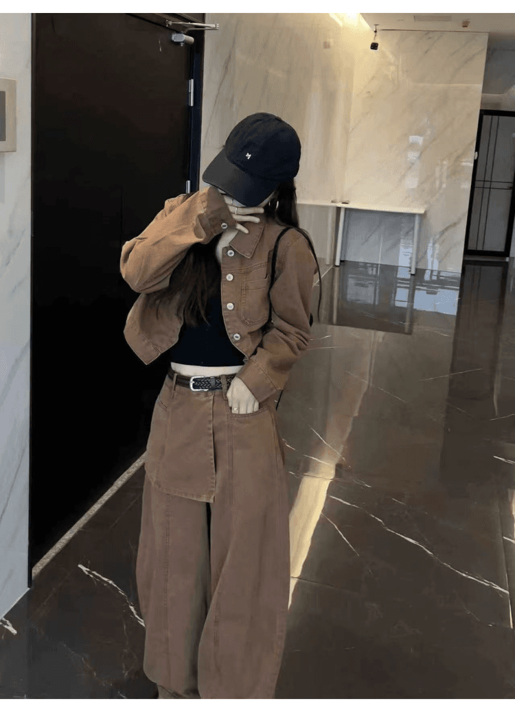 실사 정가 한국 스타일 레트로 캐주얼 세트 여성 느슨함 센스 슬림해 보이는 워크웨어 재킷 하이웨이스트 와이드 레그 팬츠 투피스 세트 상세 이미지 12