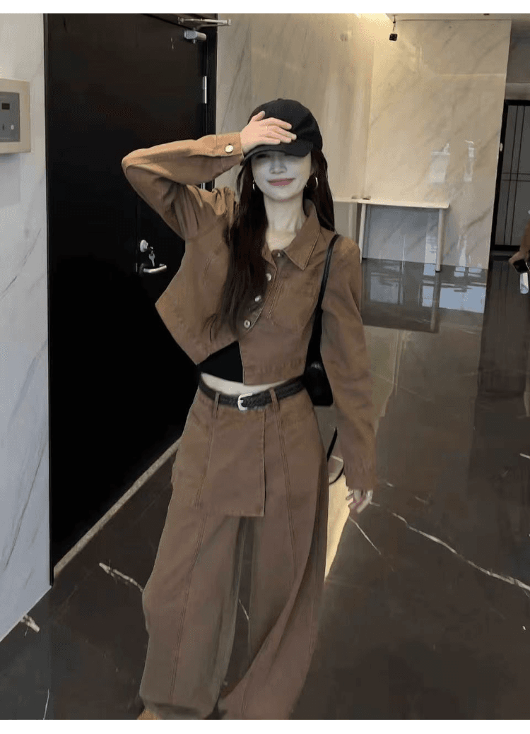 실사 정가 한국 스타일 레트로 캐주얼 세트 여성 느슨함 센스 슬림해 보이는 워크웨어 재킷 하이웨이스트 와이드 레그 팬츠 투피스 세트 상세 이미지 14