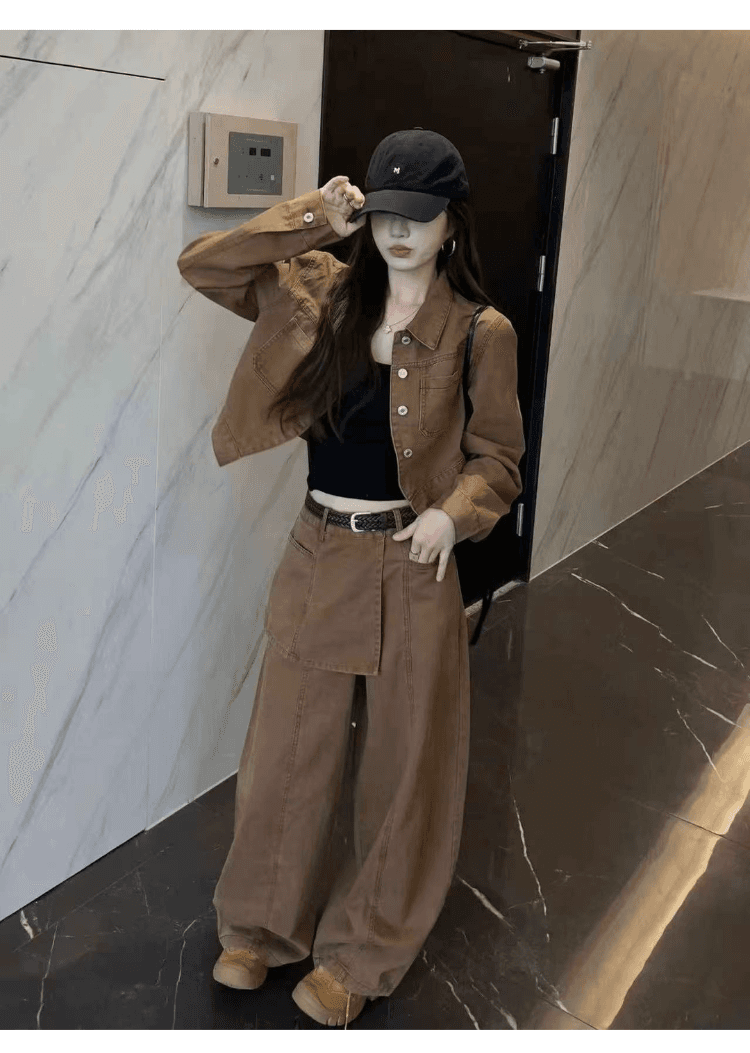 실사 정가 한국 스타일 레트로 캐주얼 세트 여성 느슨함 센스 슬림해 보이는 워크웨어 재킷 하이웨이스트 와이드 레그 팬츠 투피스 세트 상세 이미지 15