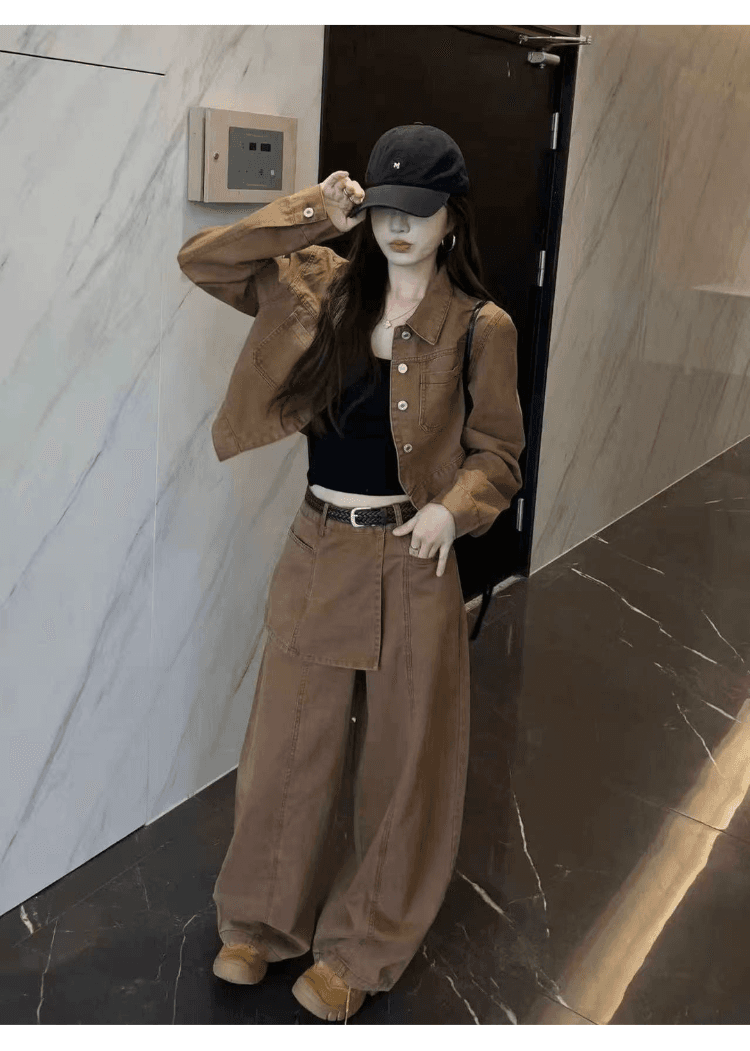 실사 정가 한국 스타일 레트로 캐주얼 세트 여성 느슨함 센스 슬림해 보이는 워크웨어 재킷 하이웨이스트 와이드 레그 팬츠 투피스 세트 상세 이미지 17