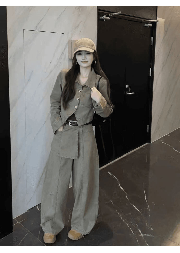 실사 정가 한국 스타일 레트로 캐주얼 세트 여성 느슨함 센스 슬림해 보이는 워크웨어 재킷 하이웨이스트 와이드 레그 팬츠 투피스 세트 상세 이미지 18