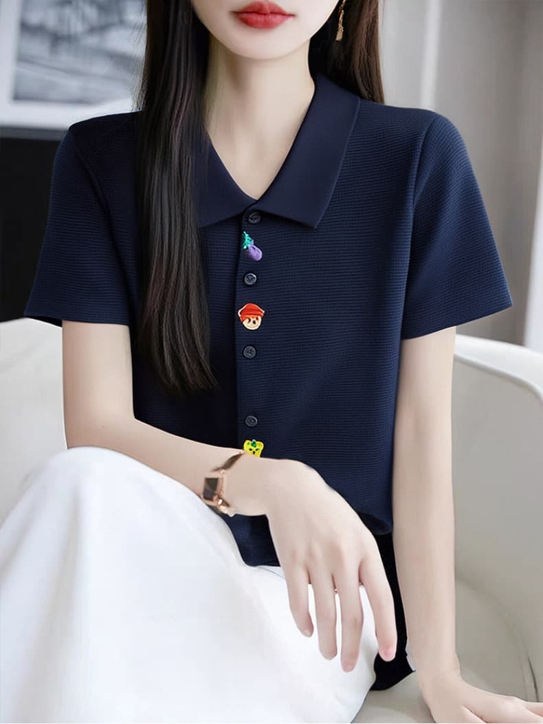 블루 색상 POLO 칼라 자수 긍정적 인 어깨 반팔 티셔츠 여성 셔츠 2026 여름 새로운 외국 가스 연령 감소 니트 스웨터 상세 이미지 1