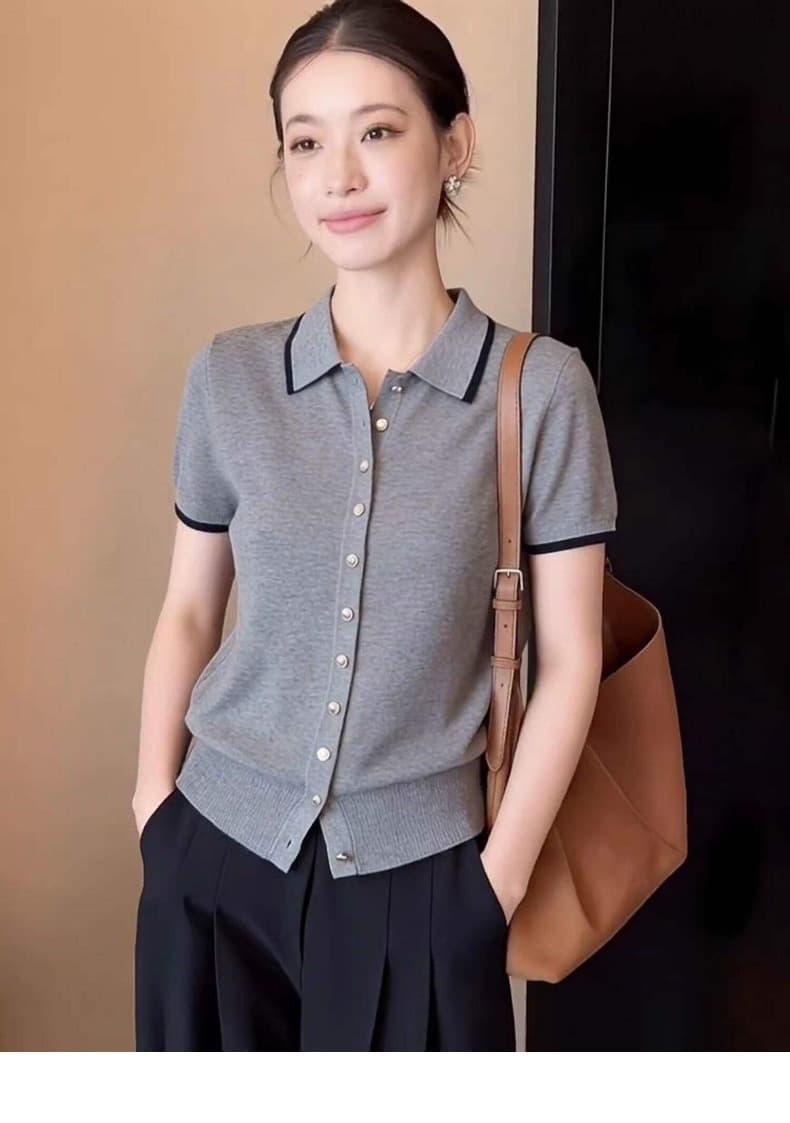 출퇴근 품격 다용도 회색 배색 측면 POLO 칼라 반팔 티셔츠 여성 여름 새로운 미니멀리즘 니트 스웨터 맨위 상세 이미지 5