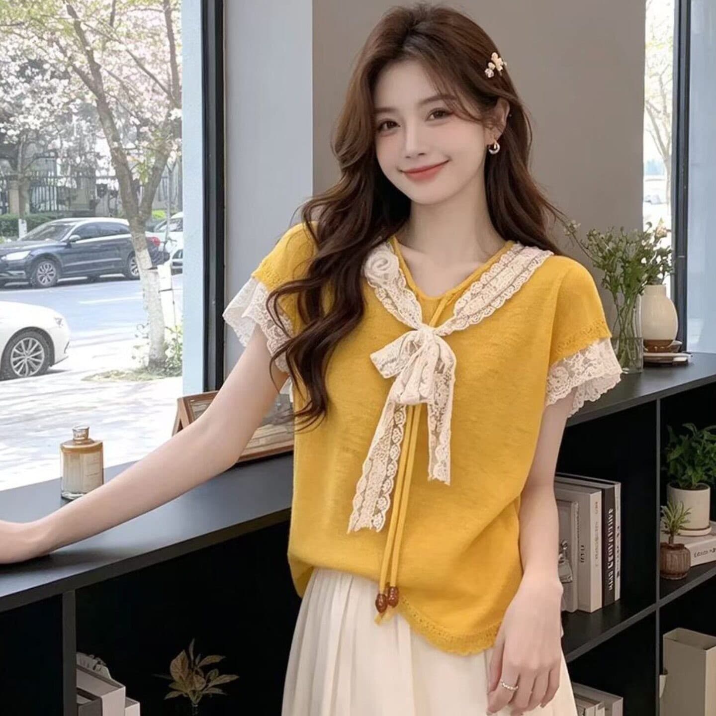 한 부서 달콤한 스타일 황색 연령 감소 레이스 조각 레이스업 반팔 티셔츠 디자인 센스 다용도 얇은 스타일 니트 맨위 이미지 3