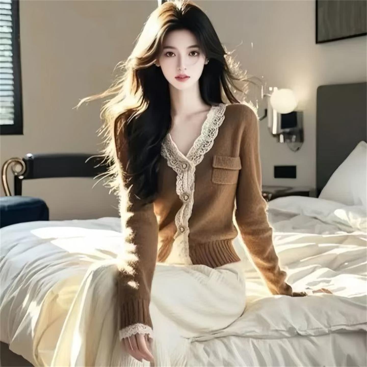 2026 아름다움 라드. 브라운 레이스 측면 V넥 스웨터 니트 오픈 가디건 가을 겨울철 여성 의류 고유 한 Chic 맨위 이미지 2
