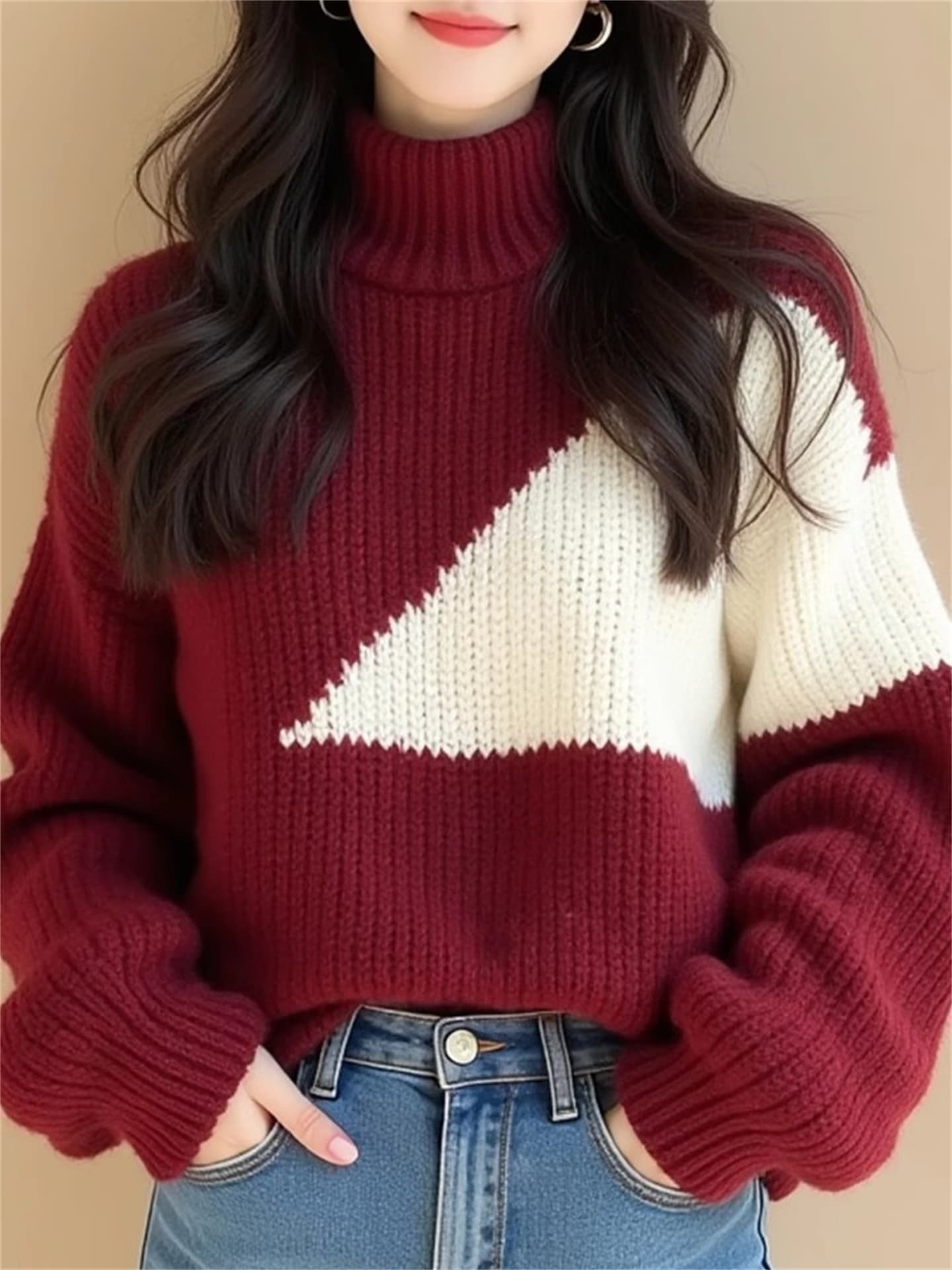 와인 레드 배색 불규칙 두꺼운 선 스웨터 여자 2026 새로운 겨울 유럽 상품 무거운 작업 고유 한 Chic 맨위 상세 이미지 2