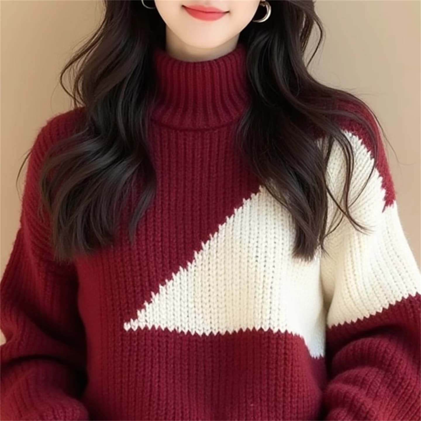 와인 레드 배색 불규칙 두꺼운 선 스웨터 여자 2026 새로운 겨울 유럽 상품 무거운 작업 고유 한 Chic 맨위 상세 이미지 3