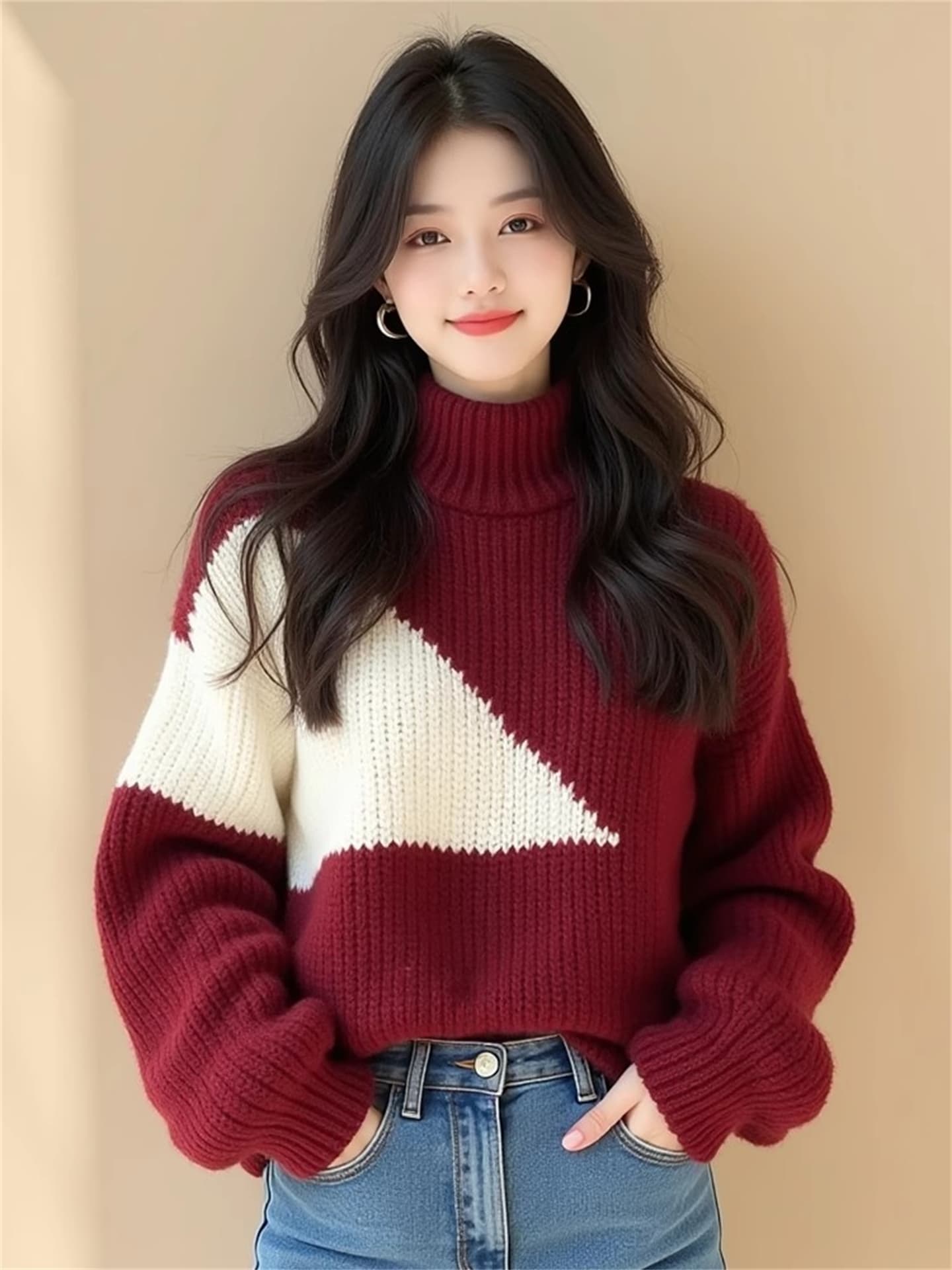 와인 레드 배색 불규칙 두꺼운 선 스웨터 여자 2026 새로운 겨울 유럽 상품 무거운 작업 고유 한 Chic 맨위 상세 이미지 5