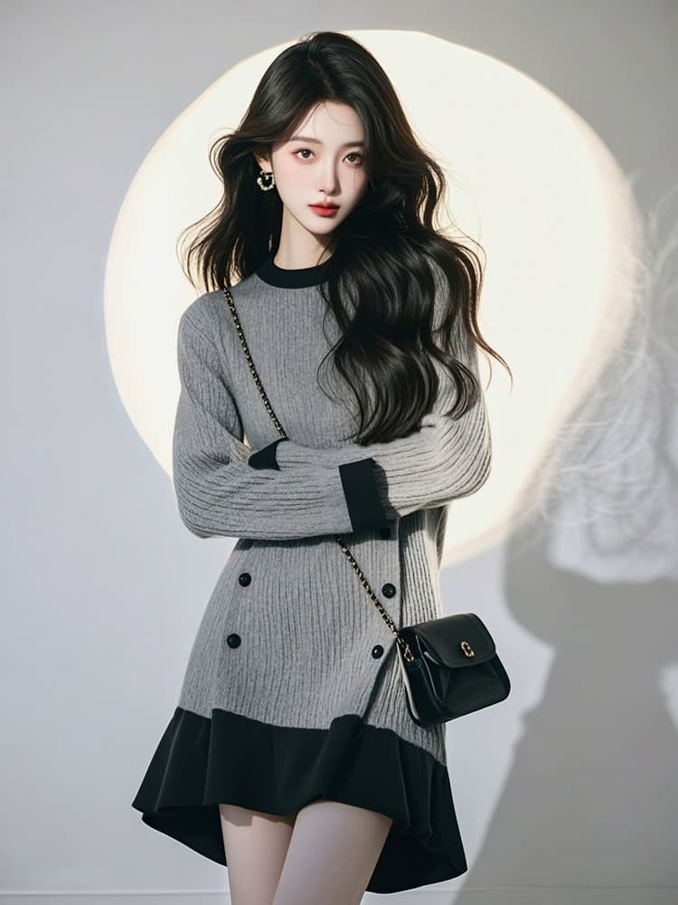 2026 가을 올해 인기 품격 클래식 다용도 고급 느긋한 바람 잘 생긴 회색 패치워크 캐주얼 드레스 상세 이미지 2