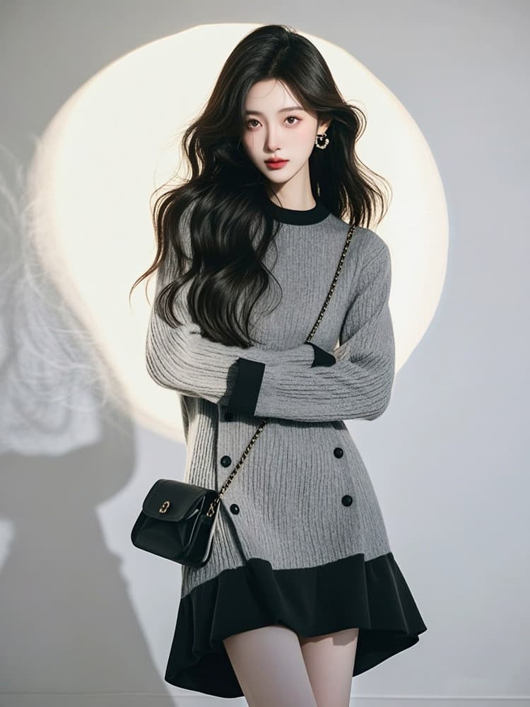 2026 가을 올해 인기 품격 클래식 다용도 고급 느긋한 바람 잘 생긴 회색 패치워크 캐주얼 드레스 상세 이미지 5