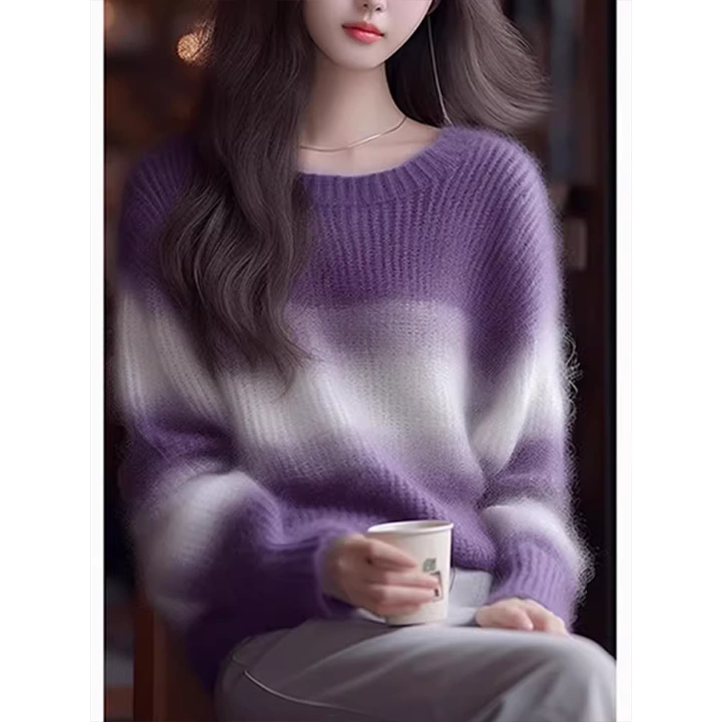 2026 가을 겨울 새로운 디자인 센스 루즈핏 스웨터 느긋한 바람 보라색 모헤어 스트라이프 니트 스웨터 맨위 여성 의류 이미지 3