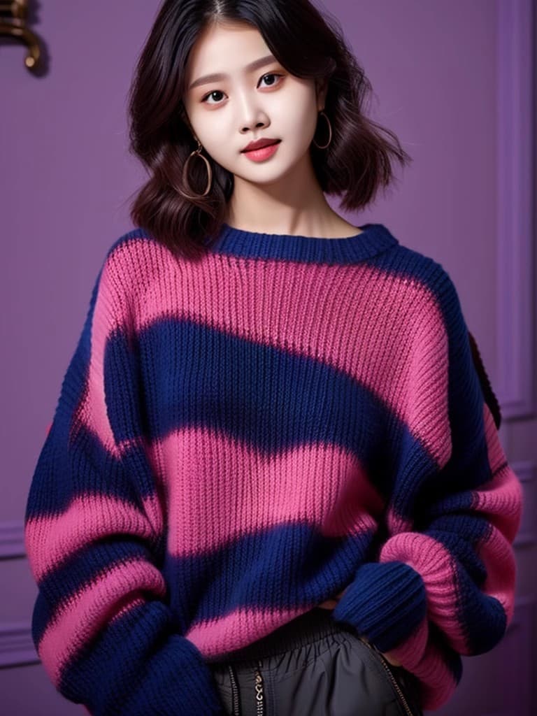 올해 인기 폭발 우유 fufu 느긋한 루즈핏 보라색 스트라이프 스웨터 여자 2026 가을 아름다운 두꺼운 선 맨위 겨울 상세 이미지 2