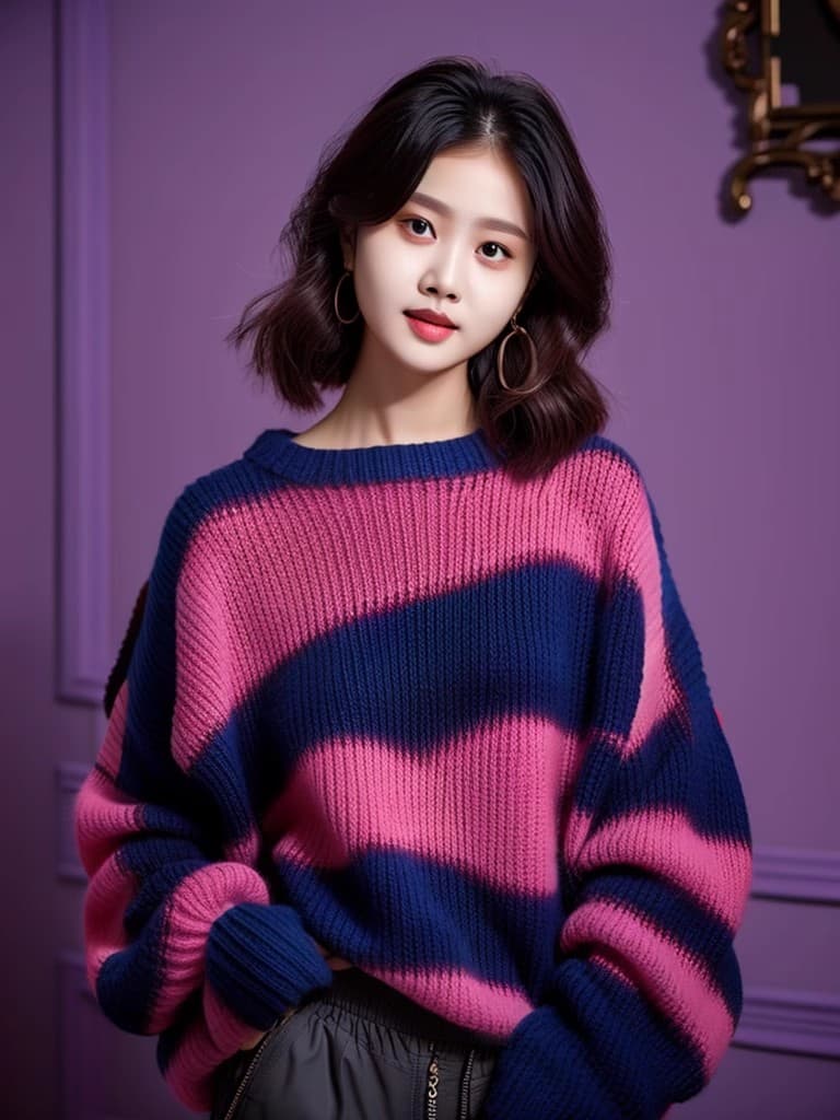 올해 인기 폭발 우유 fufu 느긋한 루즈핏 보라색 스트라이프 스웨터 여자 2026 가을 아름다운 두꺼운 선 맨위 겨울 상세 이미지 4