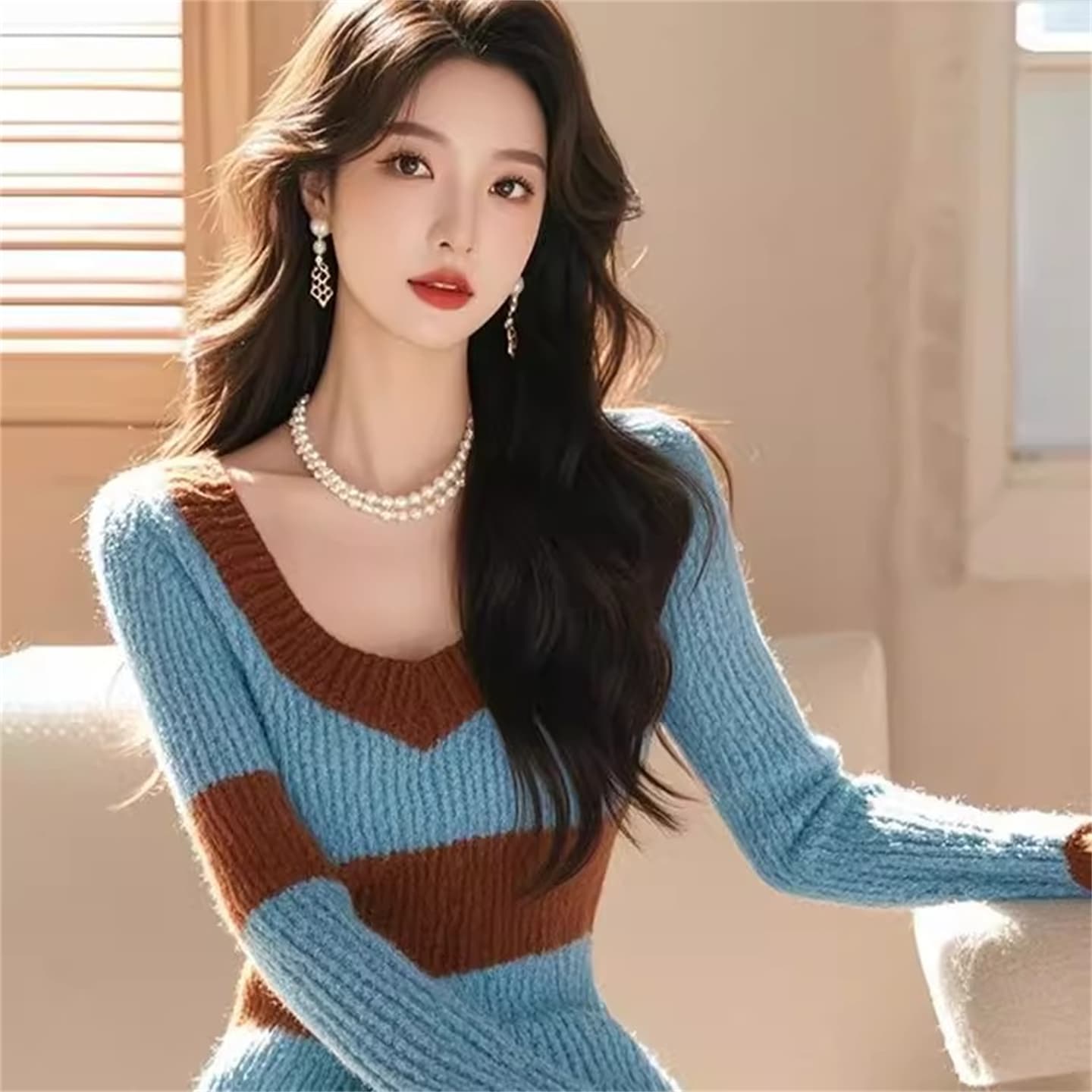 작은 키 아름다운 슈퍼 잘 생긴 파란색 니트 여성 드레스 가을 겨울 샤오 양 조립 코트 두꺼운 스웨터 치마 이미지 3