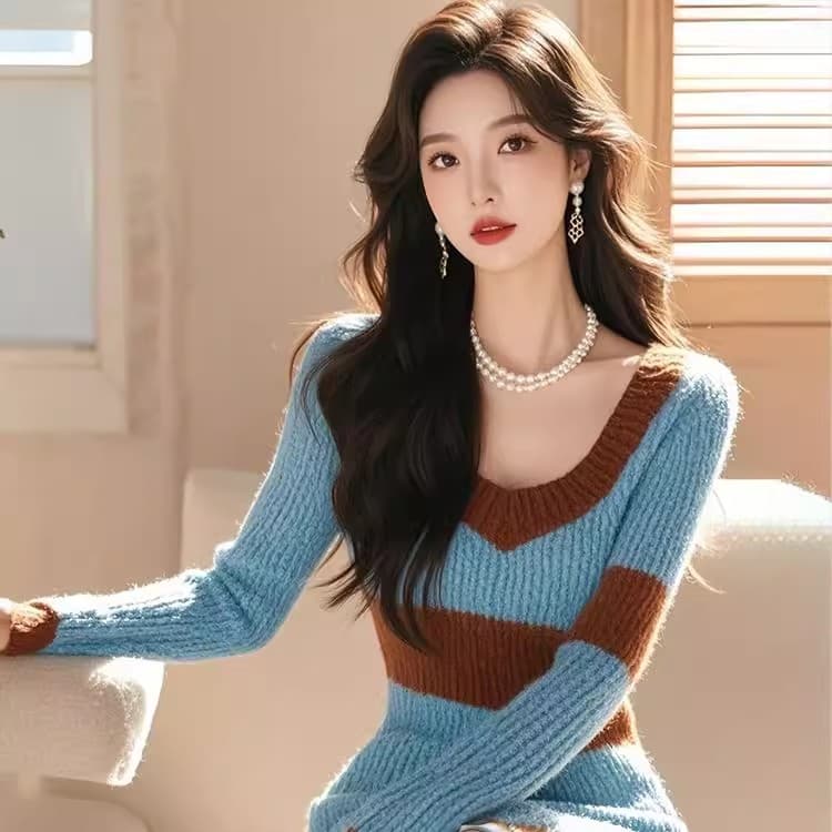 작은 키 아름다운 슈퍼 잘 생긴 파란색 니트 여성 드레스 가을 겨울 샤오 양 조립 코트 두꺼운 스웨터 치마 상세 이미지 7