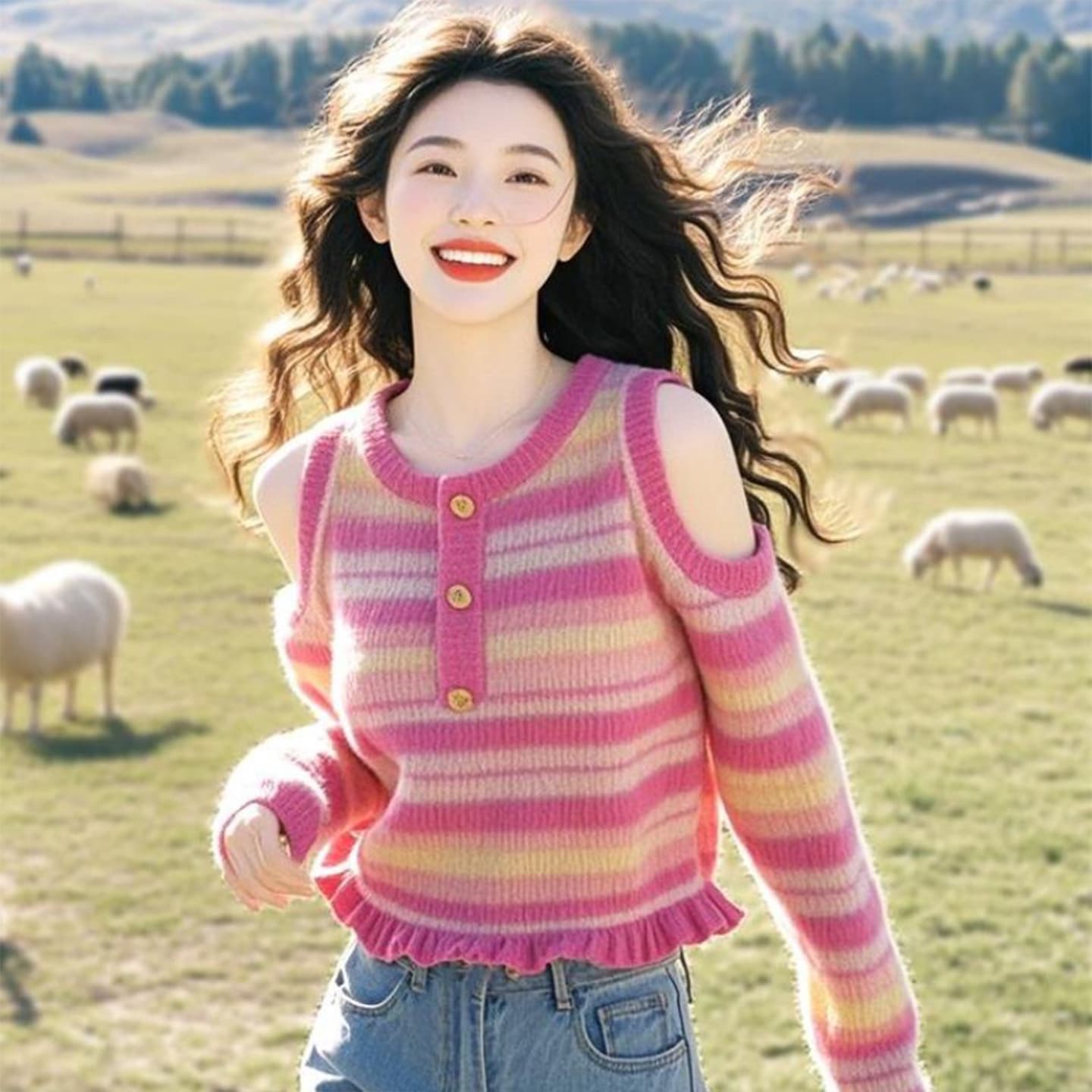 작은 키 느긋한 고급 센스 우유 씽 하는 소리 부드러운 찹쌀 디자인 센스 핑크색 스트라이프 오프숄더 니트 POLO 셔츠 여성 가을 겨울 이미지 4