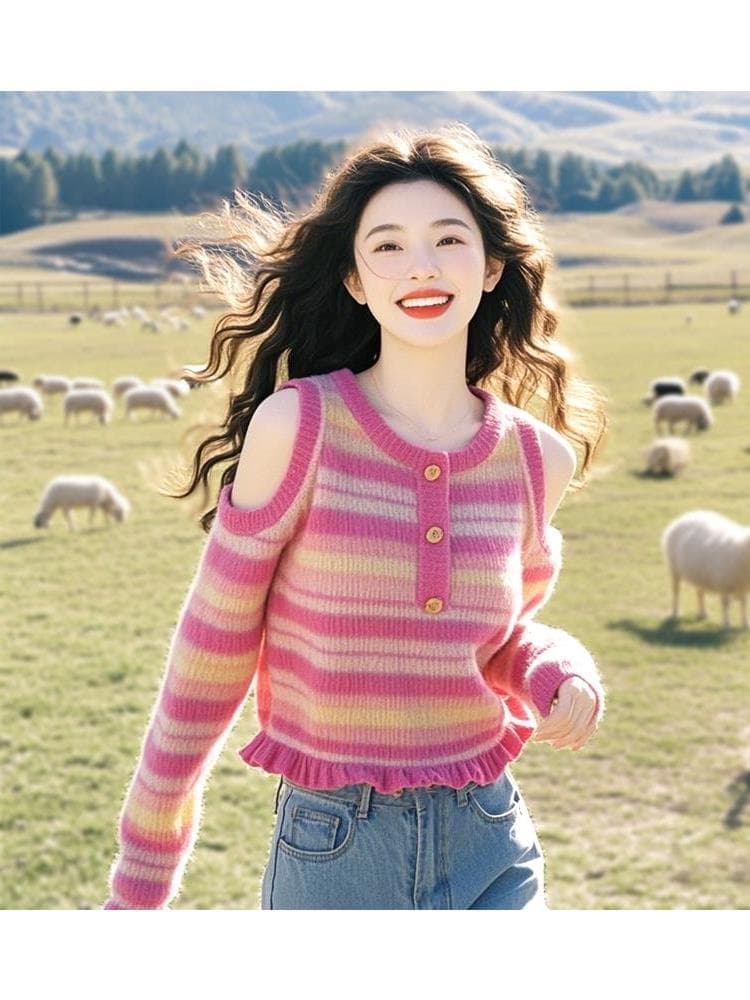작은 키 느긋한 고급 센스 우유 씽 하는 소리 부드러운 찹쌀 디자인 센스 핑크색 스트라이프 오프숄더 니트 POLO 셔츠 여성 가을 겨울 상세 이미지 2