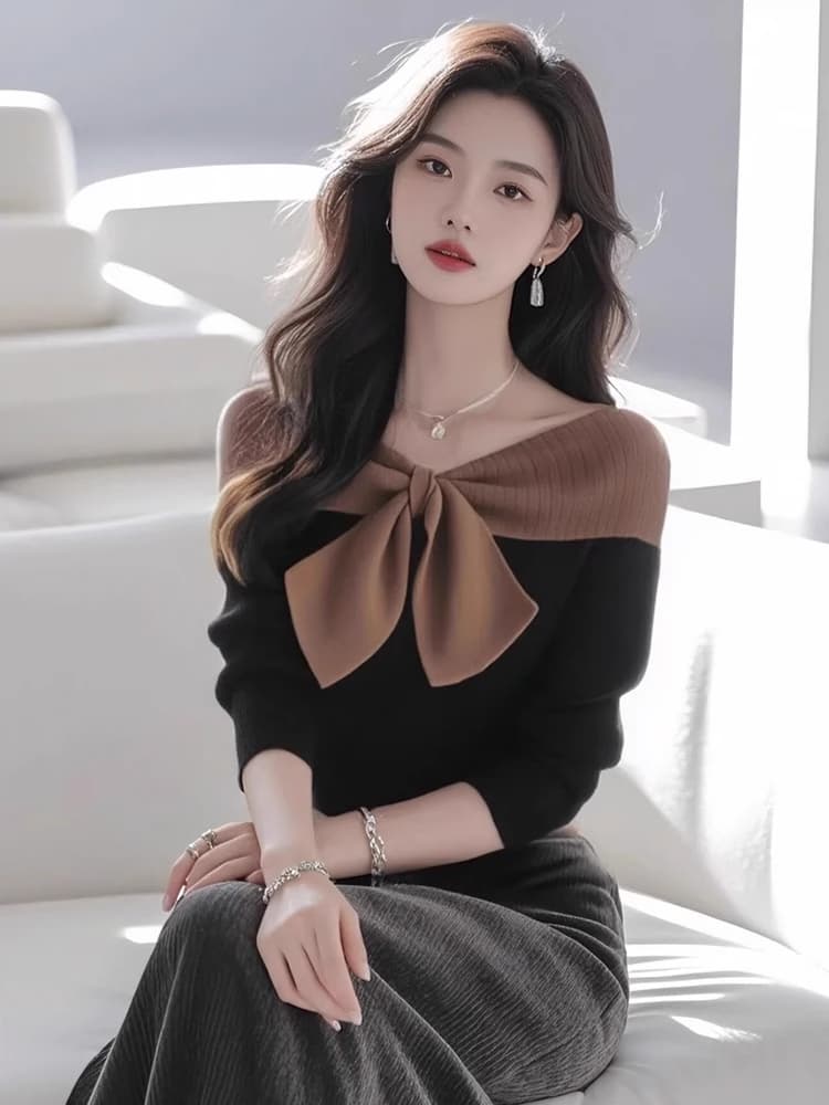 한 부서 여성 의류 고유 한 나비 매듭 빅 사이즈 부드러운 니트 맨위 검정색 배색 다용도 오프숄더 긴팔 스웨터 상세 이미지 5