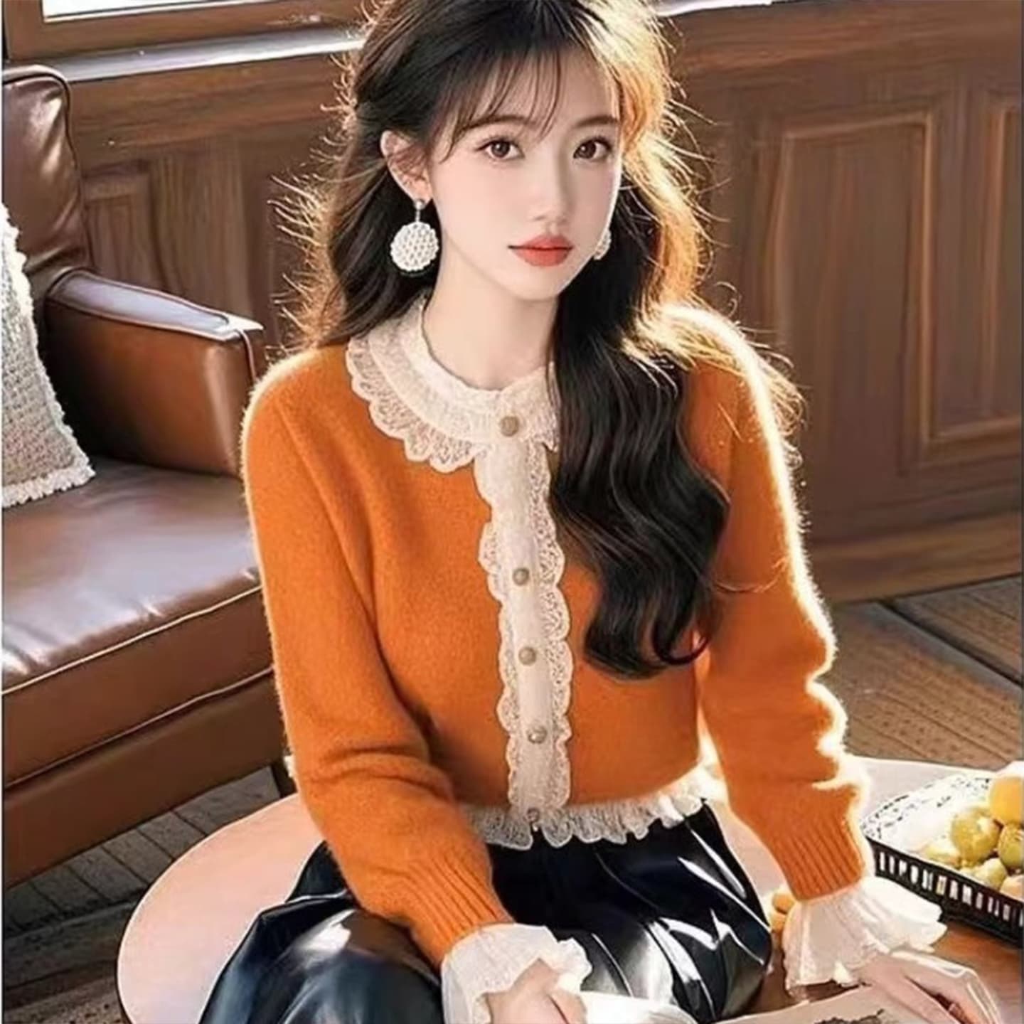 신제품 올해 인기 고급 센스 레이스 패치워크 슈퍼 잘 생긴 연령 감소 디스플레이 화이트 주황색 아름다운 스웨터 봄 가을 겨울 상세 이미지 5
