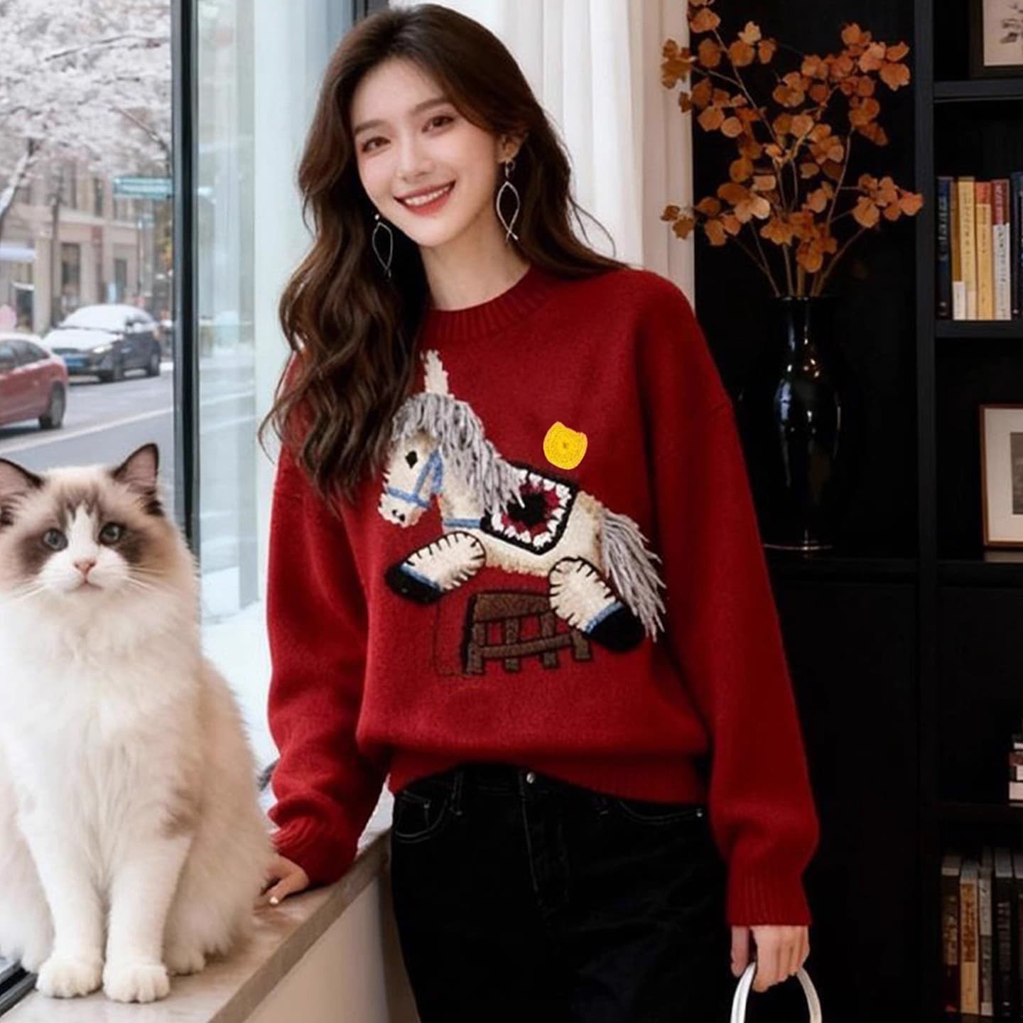 캐주얼 신년 빨간색 라운드 넥 풀오버 만화 작은 말 스웨터 여자 가을 겨울 두꺼운 느긋한 바람 니트 스웨터 맨위 상세 이미지 5