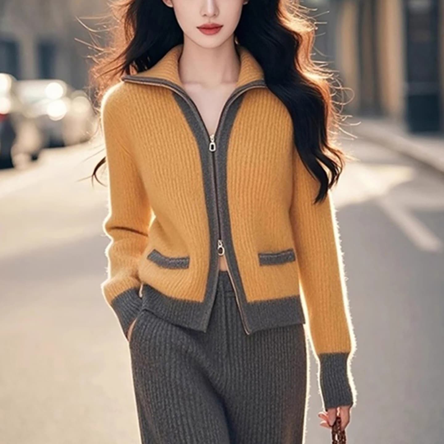 고급 배색 측면 폴로 칼라 더블 오픈 지퍼 긴팔 스웨터 니트 오픈 가디건 여성 가을 겨울 루즈핏 슬림해 보이는 재킷 맨위 이미지 4