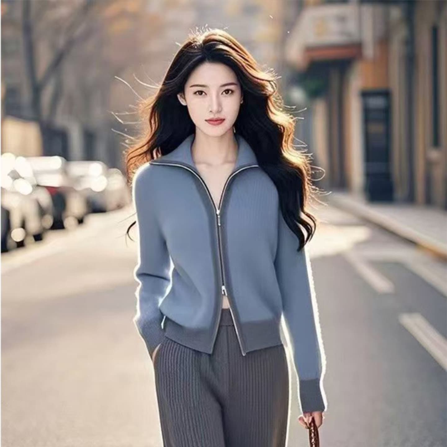 올해 인기 잘 생긴 가을 겨울철 새로운 한 부서 배색 더블 지퍼 니트 오픈 가디건 외국 가스 스웨터 여성 코트 이미지 3