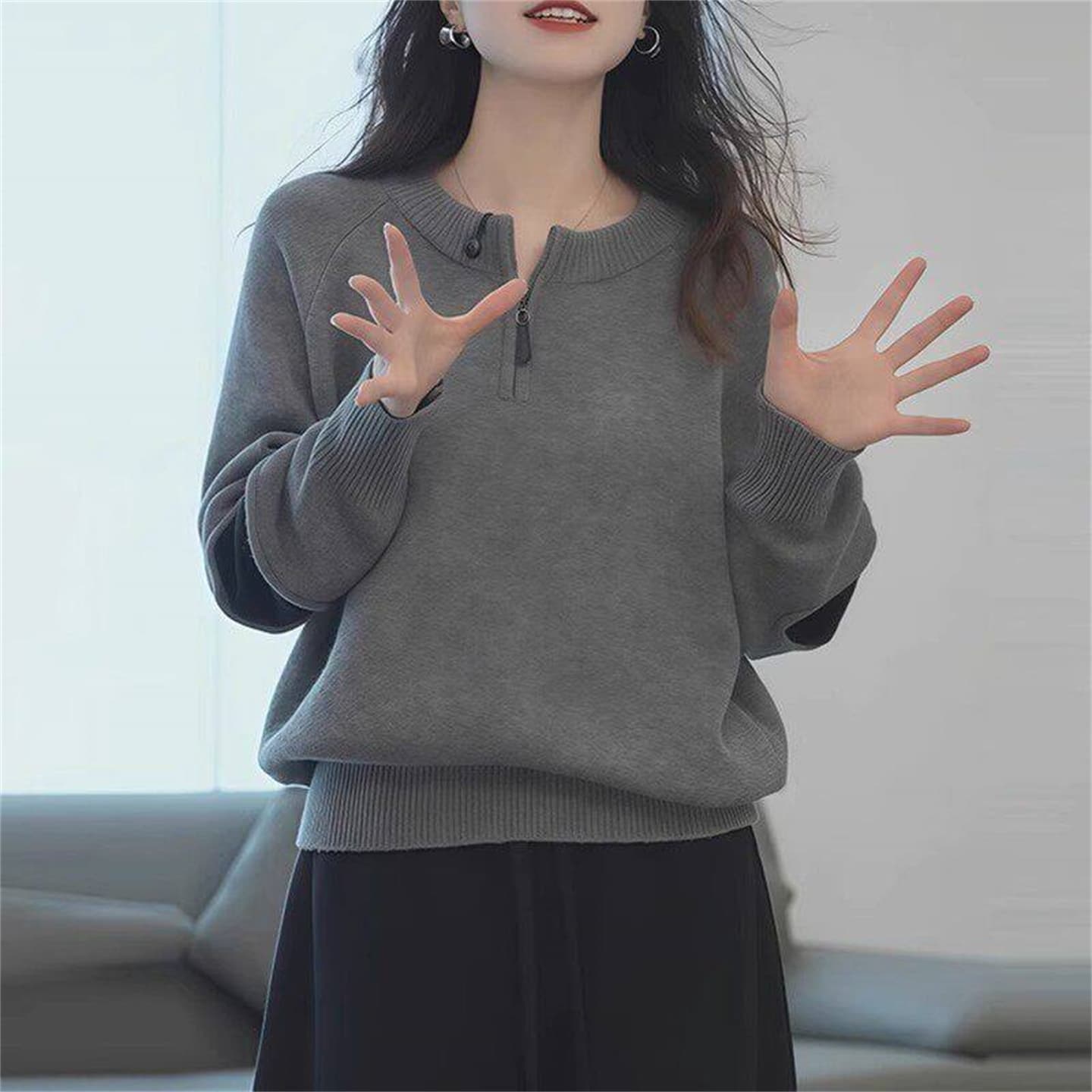 배색 패치워크 하프 지퍼 니트 스웨터 여성 2026 새로운 루즈핏 라운드 넥 긴팔 패션 스웨터 기본 셔츠 맨위 상세 이미지 2