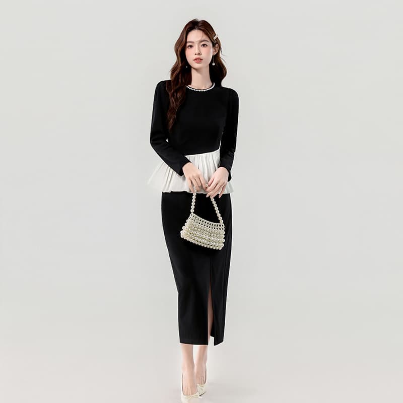 실사 2026 가을 새로운 작은 샤넬 스타일 라운드 넥 진주 배색 프릴 명문 여성 품격 두 조각 세트 드레스 이미지 4