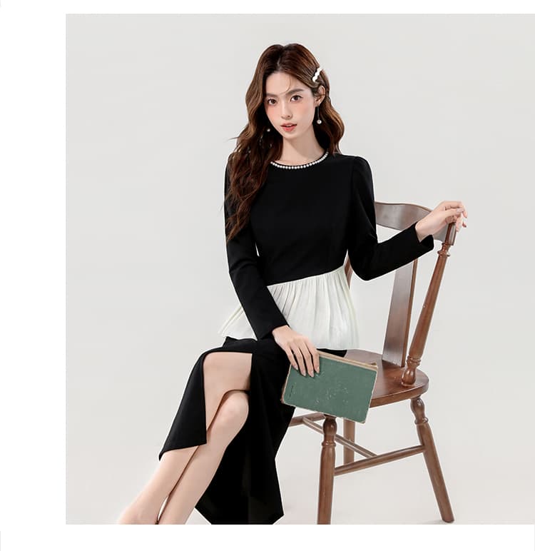 실사 2026 가을 새로운 작은 샤넬 스타일 라운드 넥 진주 배색 프릴 명문 여성 품격 두 조각 세트 드레스 상세 이미지 15