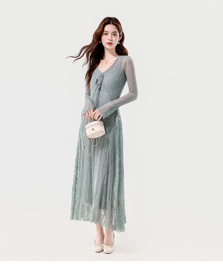실사 2026 가을 새로운 프랑스식 우아함 무거운 작업 홀로우 아웃 고급 센스 신축성 레이스 나팔 소매 두 조각 치마 상세 이미지 3