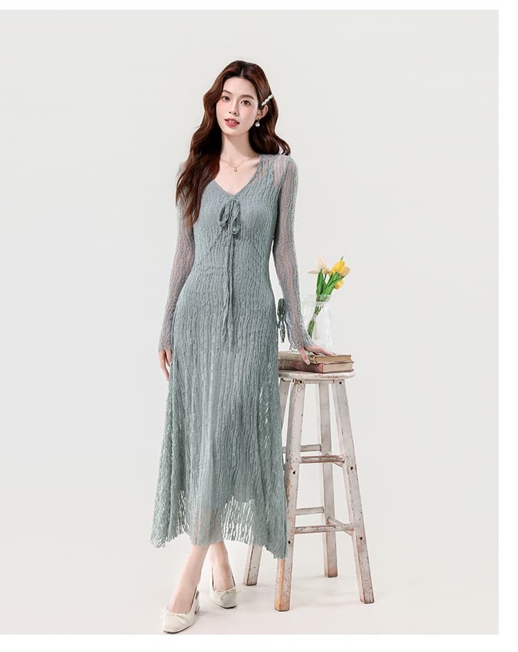 실사 2026 가을 새로운 프랑스식 우아함 무거운 작업 홀로우 아웃 고급 센스 신축성 레이스 나팔 소매 두 조각 치마 상세 이미지 8