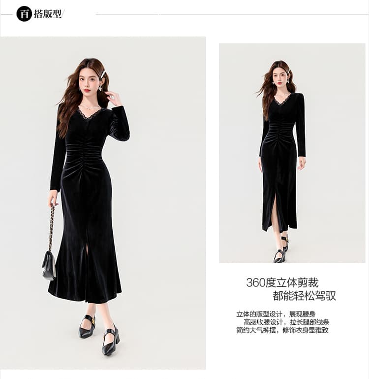 실사 2026 가을 새로운 프랑스식 v 칼라 우아함 품격 슬림해 보이는 롱 코트 트임 타이트 스커트 벨벳 드레스 상세 이미지 4