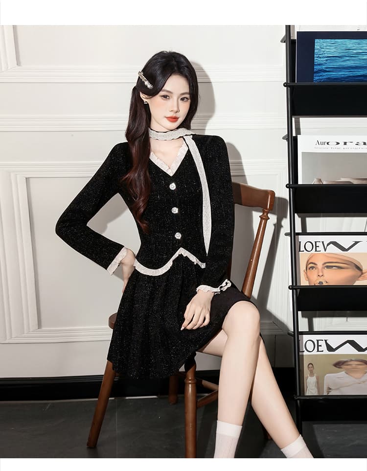 실사 2026 가을 새로운 V넥 레이스 측면 연령 감소 작은 키 작은 샤넬 스타일 밝은 플래시 플리츠 세트 드레스 상세 이미지 16