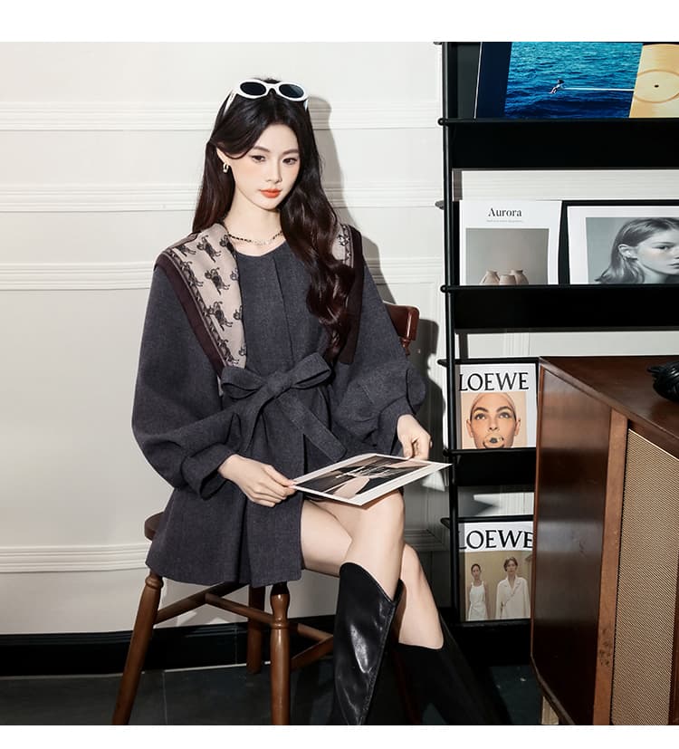 실사 2026 가을 새로운 한 부서 달콤함 연령 감소 레이스업 나비 매듭 표지 고기 슬림해 보이는 작은 키 모직 외투 상세 이미지 25