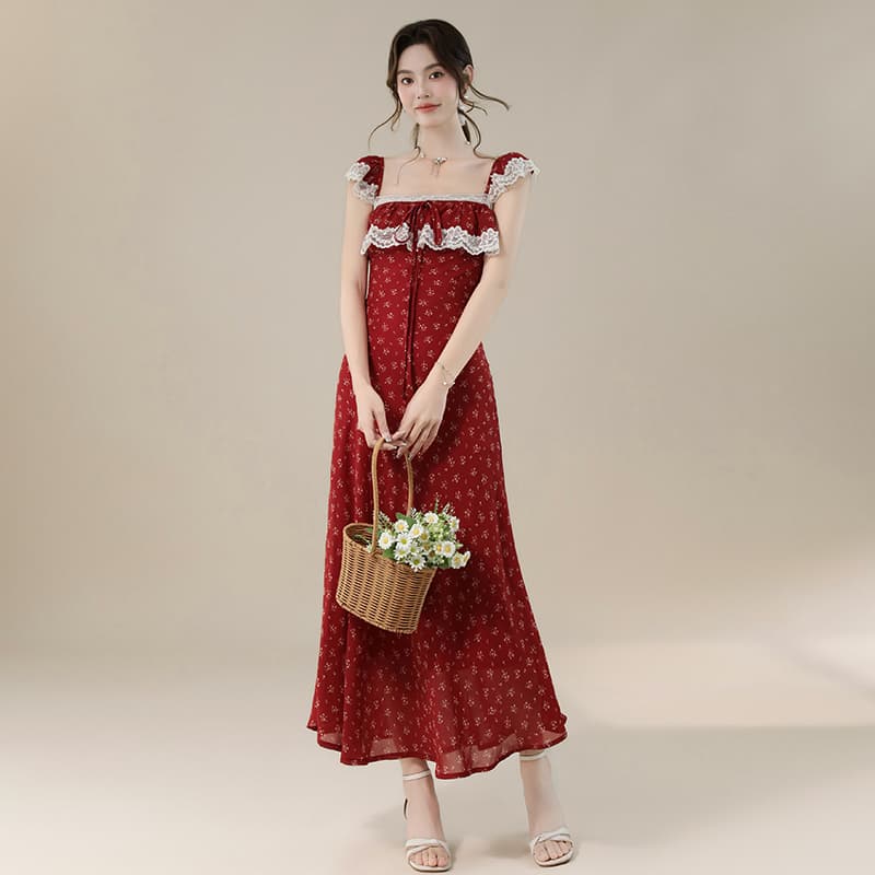 실사 2026 여름 새로운 프랑스식 광장 칼라 레이스 측면 우아함 연령 감소 휴가 바람 롱 코트 꽃무늬 드레스 이미지 5