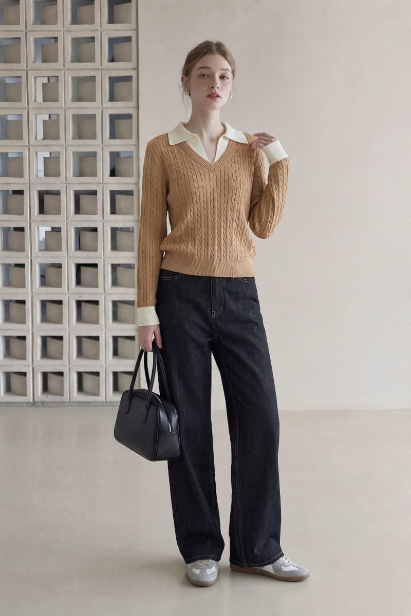 실사 2026 가을 새로운 오래된 돈 바람 몸매 가꾸기 슬림해 보이는 배색 POLO 칼라 페이크 레이어드 꽈배기 니트 스웨터 여성 상세 이미지 8