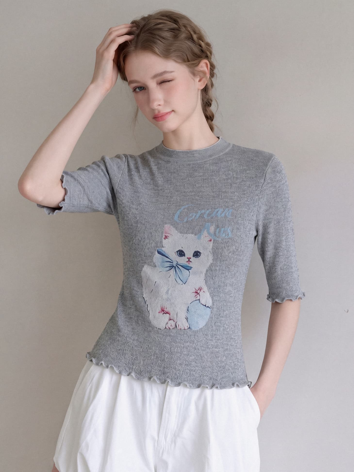 실사 2026 가을 새로운 한 부서 달콤함 귀여운 바람 라운드 넥 고양이 프린트 5 점 소매 몸매 가꾸기 니트 스웨터 여성