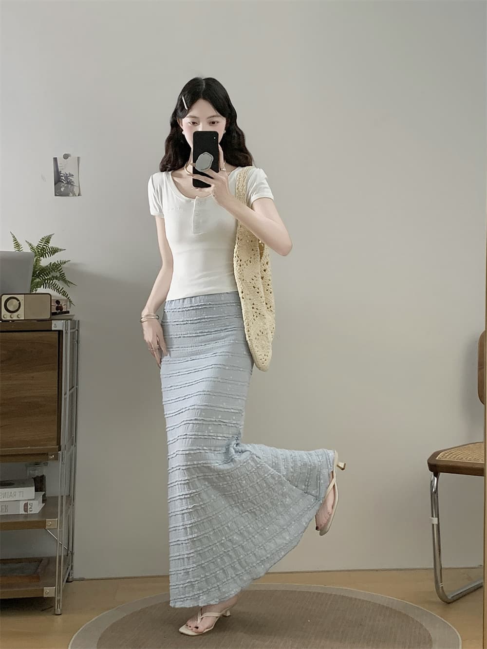 실제 촬영 큰 사이즈 여성 의류 여름 순수한 욕망 바람 슬림 피트 짧은 소매 티셔츠 플러스 나무 귀 레이스 케이크 치마 피쉬 테일 스커트 상세 이미지 6
