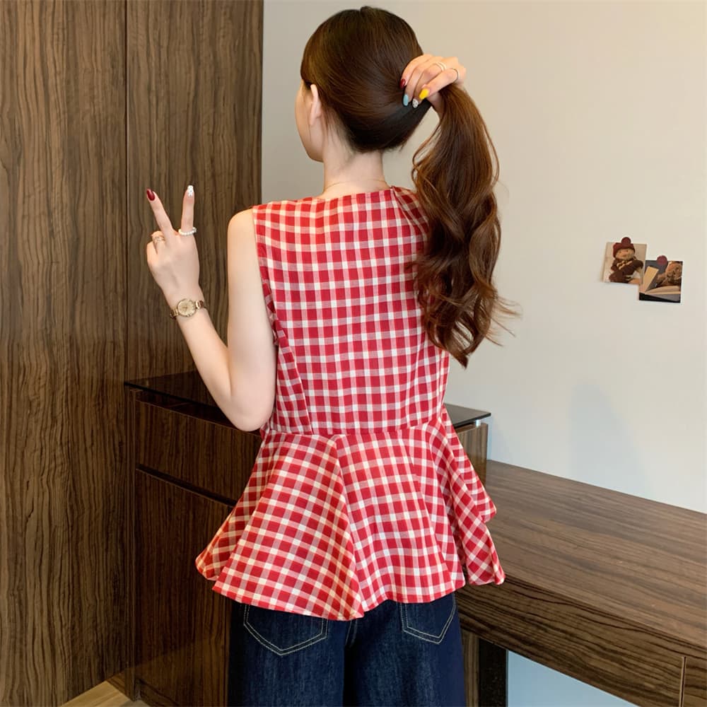 실제 촬영 큰 사이즈 여성 의류 여름 프랑스어 레트로 빨간색 래티스 민소매 조끼 허리 접기 Chic V 칼라 맨위 상세 이미지 6