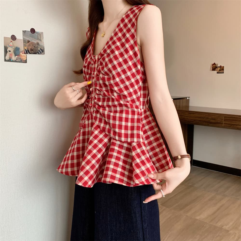 실제 촬영 큰 사이즈 여성 의류 여름 프랑스어 레트로 빨간색 래티스 민소매 조끼 허리 접기 Chic V 칼라 맨위 상세 이미지 11