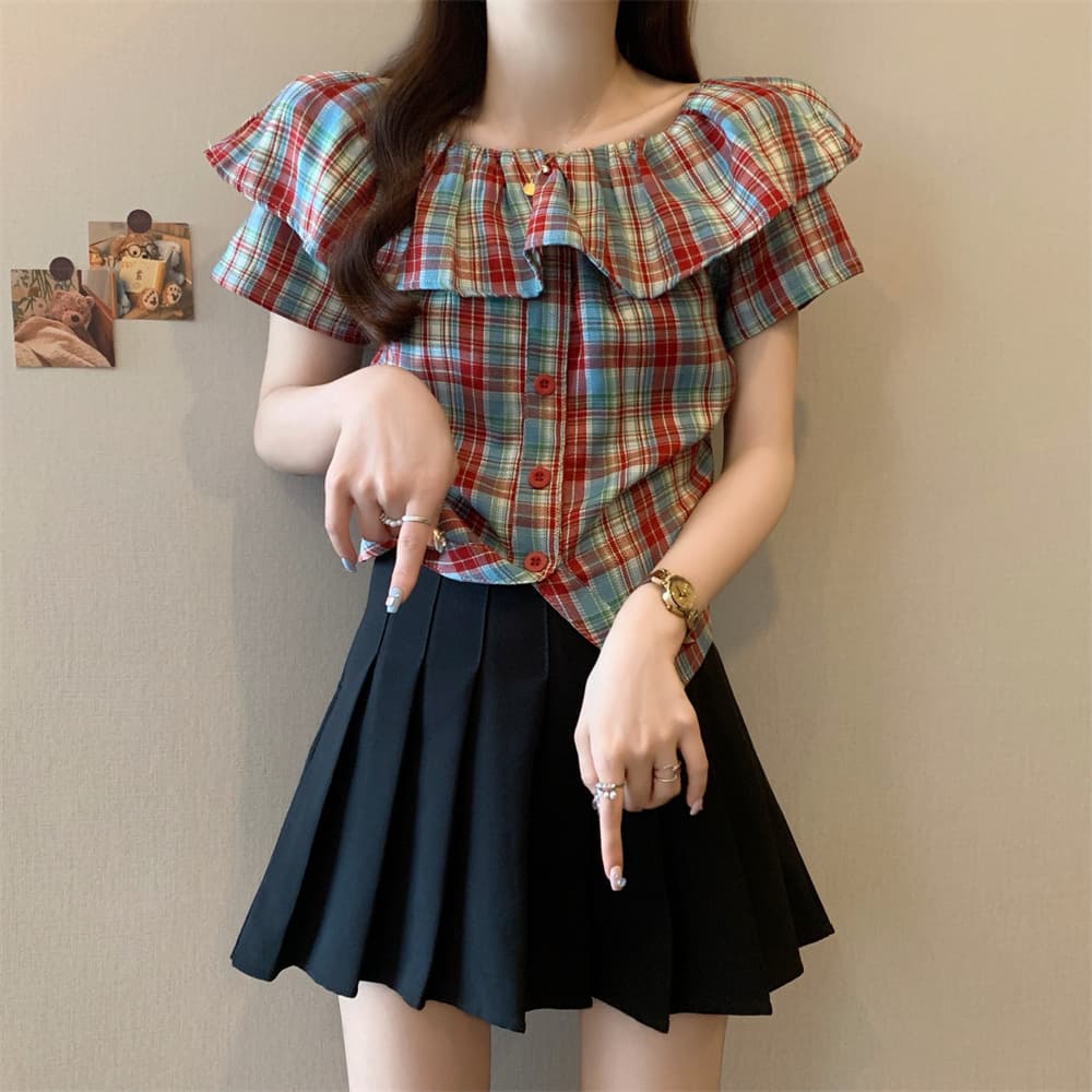 실사 빅 사이즈 여름 새로운 체크무늬 오프숄더 반팔 맨위 여름 도파민 쇼트 스타일 프랑스식 오프숄더 셔츠 상세 이미지 13