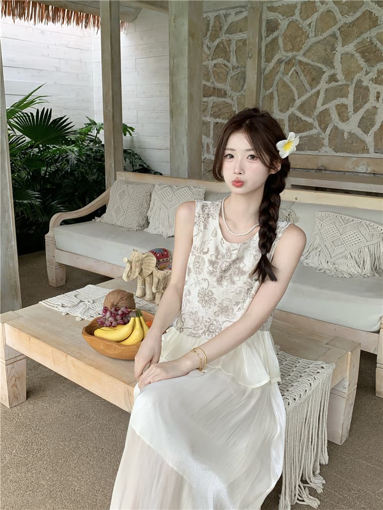 빅 사이즈 여성 의류 디자인 센스 불규칙 배색 레트로 작은 셔츠 여성 루즈핏 슬림해 보이는 민소매 조끼 맨위 세트 상세 이미지 18