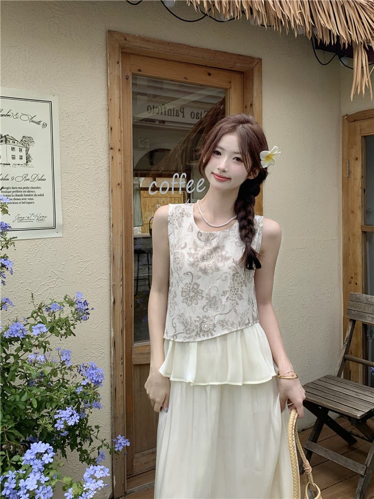 빅 사이즈 여성 의류 디자인 센스 불규칙 배색 레트로 작은 셔츠 여성 루즈핏 슬림해 보이는 민소매 조끼 맨위 세트 상세 이미지 21