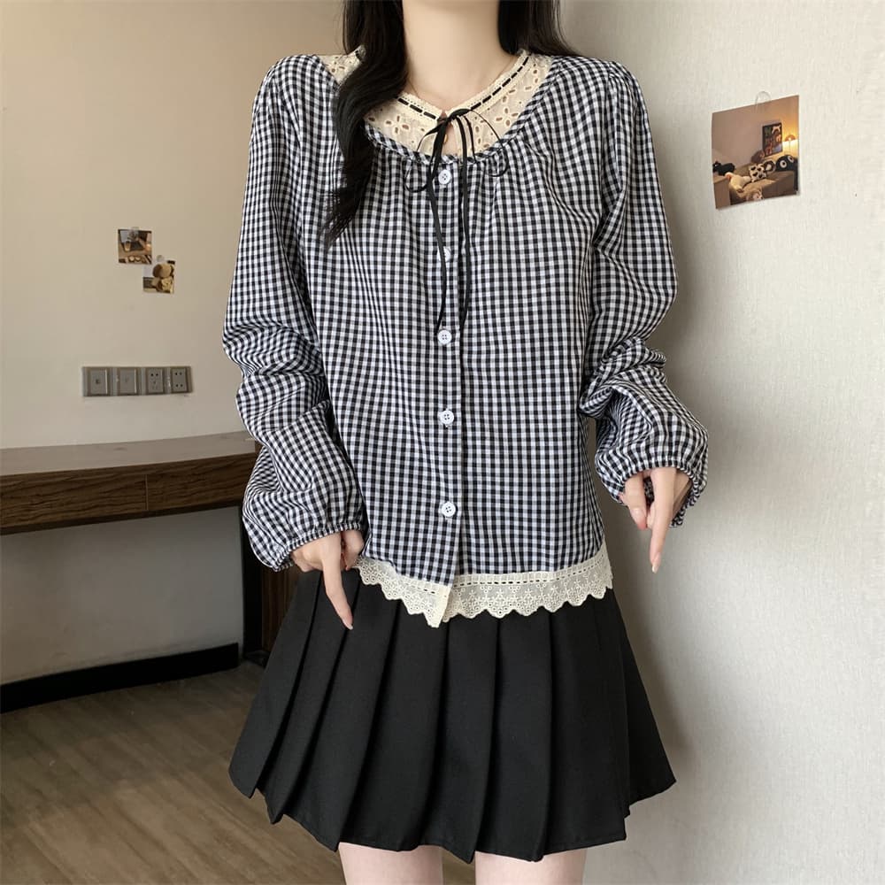 실사 빅 사이즈 여성 의류 봄 새로운 레트로 체크무늬 긴팔 레이스업 셔츠 여성 슬림해 보이는 레이스 셔츠 만나는 상세 이미지 6