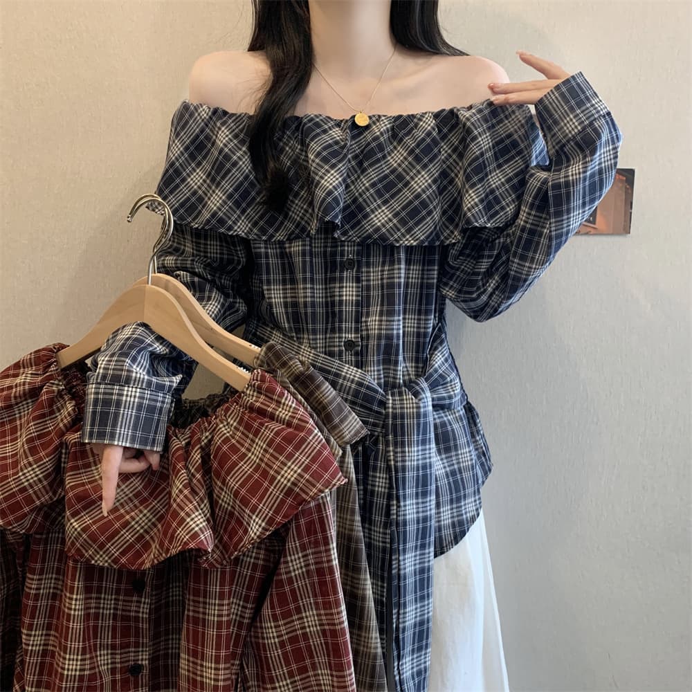 실사 빅 사이즈 여성 의류 봄 체크무늬 오프숄더 프릴 칼라 긴팔 여성 셔츠 스트랩 허리 수축 슬림해 보이는 여성 이미지 4