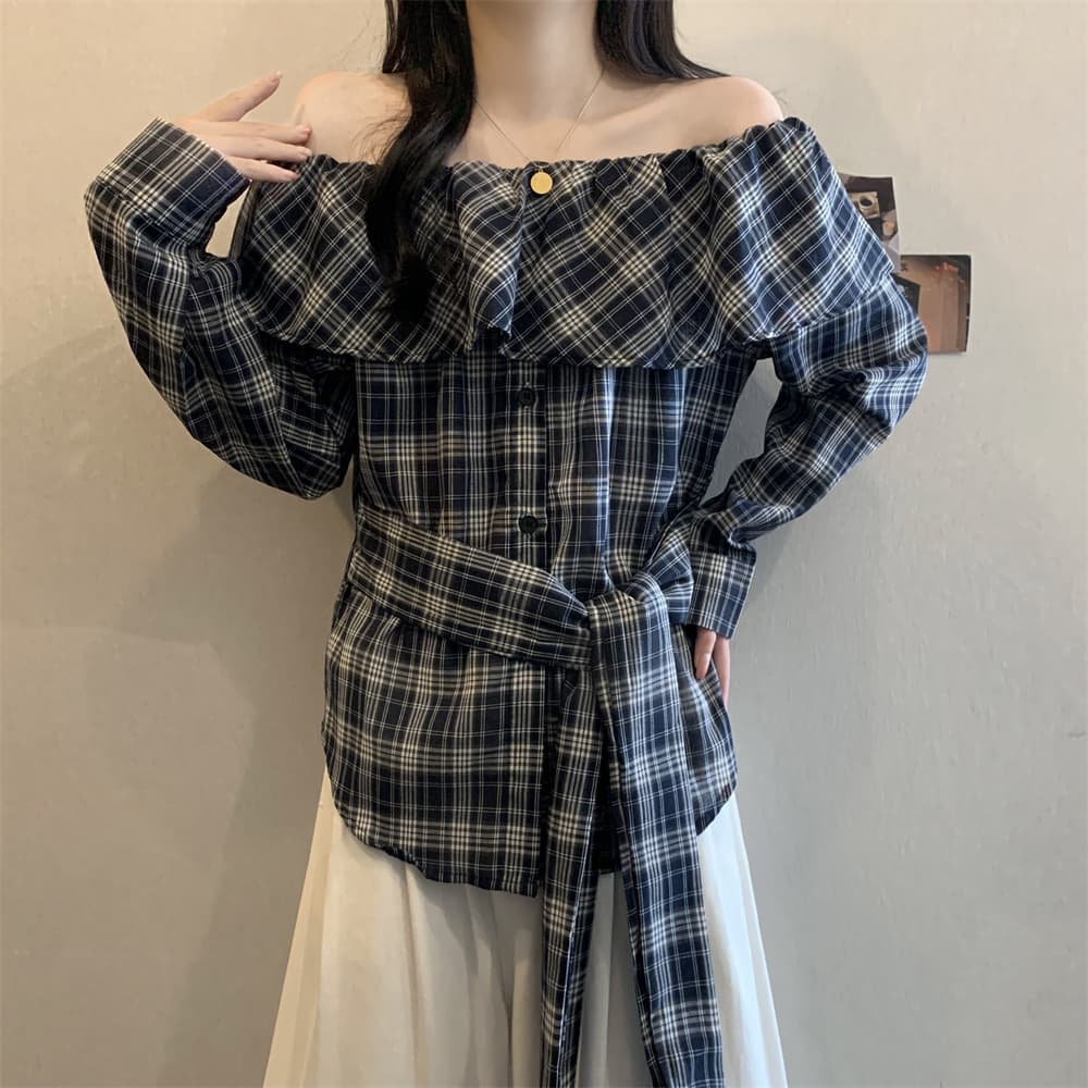 실사 빅 사이즈 여성 의류 봄 체크무늬 오프숄더 프릴 칼라 긴팔 여성 셔츠 스트랩 허리 수축 슬림해 보이는 여성 상세 이미지 9