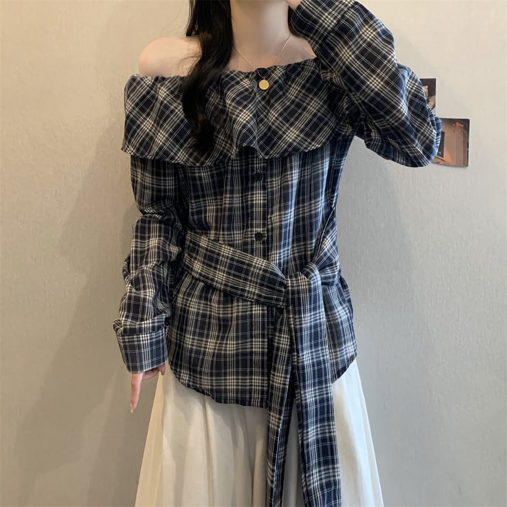 실사 빅 사이즈 여성 의류 봄 체크무늬 오프숄더 프릴 칼라 긴팔 여성 셔츠 스트랩 허리 수축 슬림해 보이는 여성 상세 이미지 10