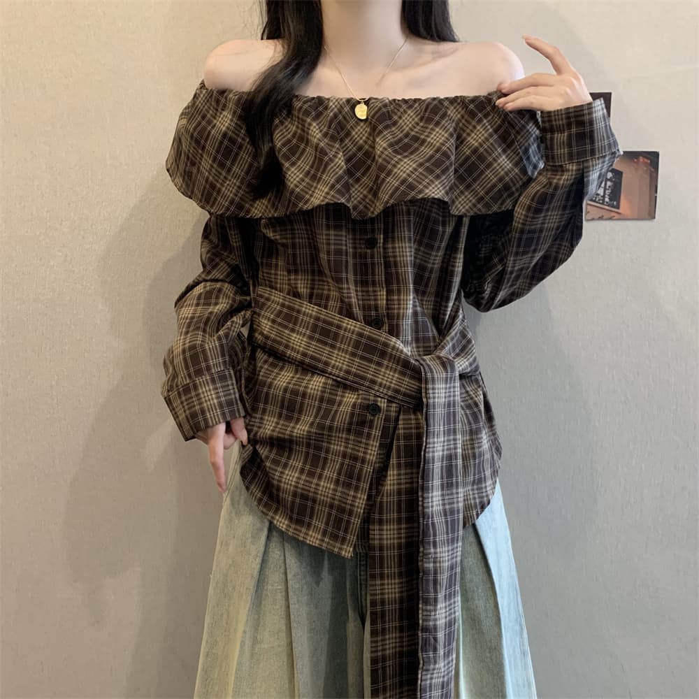 실사 빅 사이즈 여성 의류 봄 체크무늬 오프숄더 프릴 칼라 긴팔 여성 셔츠 스트랩 허리 수축 슬림해 보이는 여성 상세 이미지 17